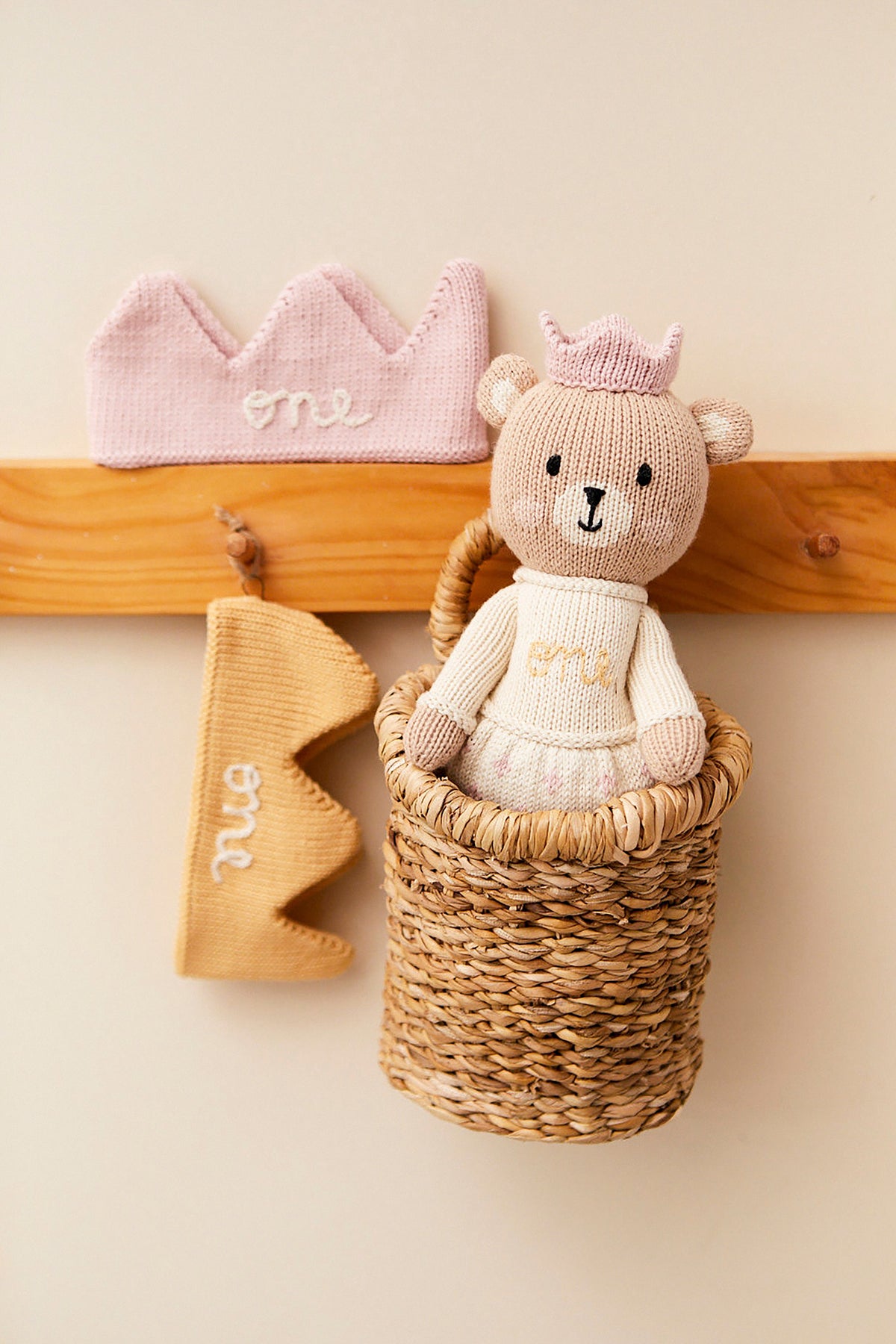 Birthday Duo Emma Bear W/ Crown Natura + Knit Crown Pink