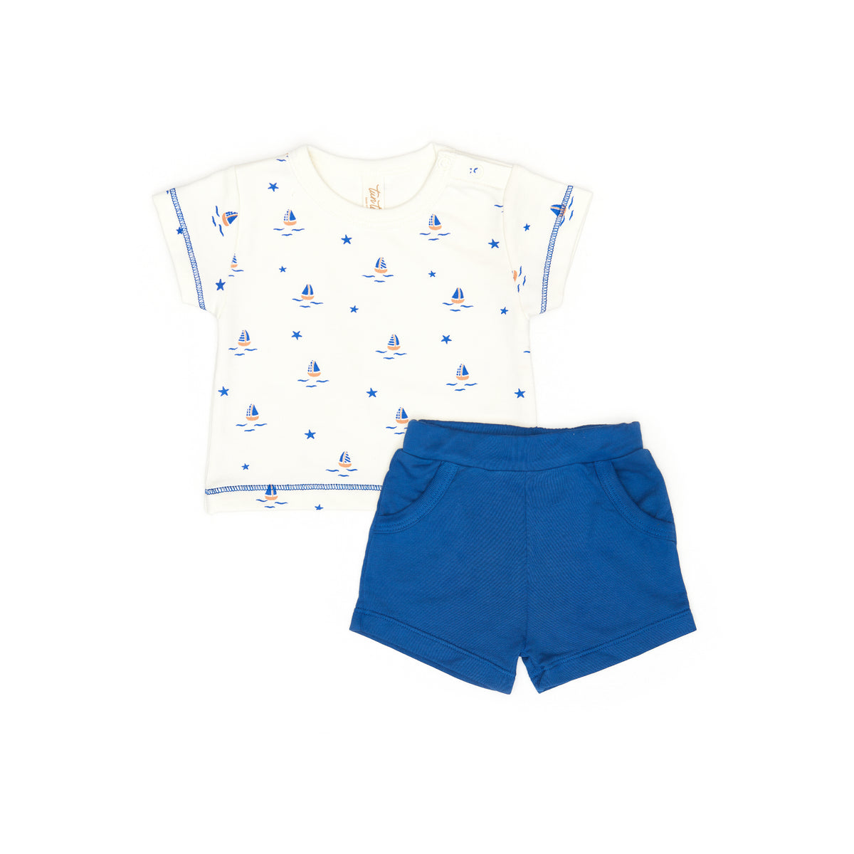 Set 2pcs Terry top + short Natural boats & Blue - Cotton