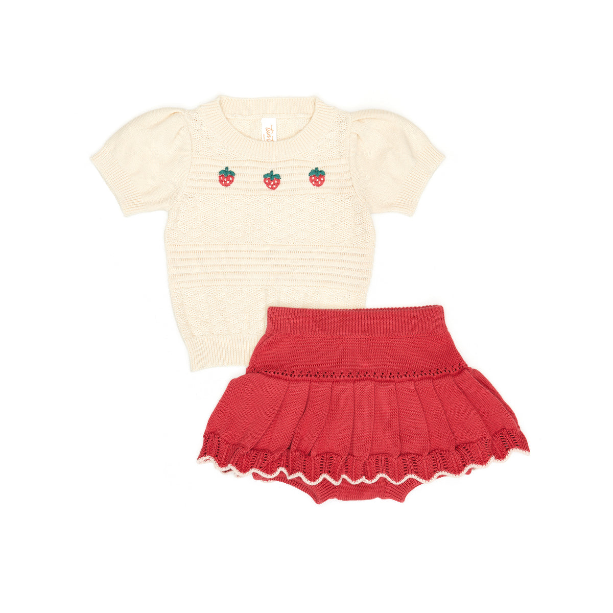 Knitted Set 2pcs Stawberry Top + skirt Natural & rose red - Pima Cotton