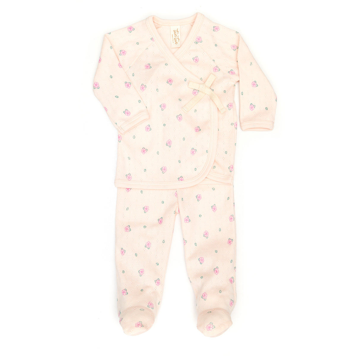 Pointelle kimono set Light pink flowers - Cotton