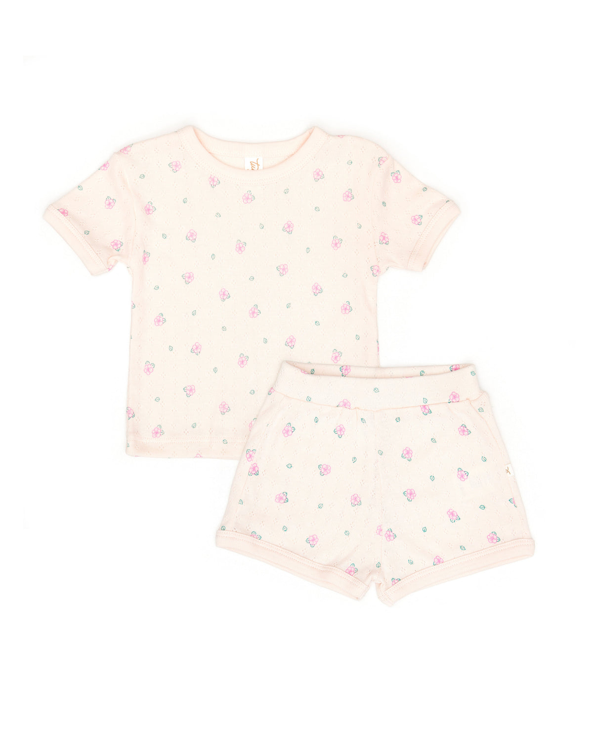 Pointelle Set 2pcs Top + short Light pink flowers - Cotton