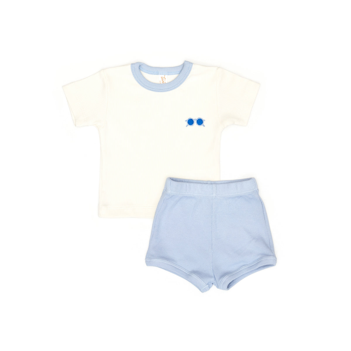 Ribbed Set 2 pcs Top + Short Natural & Ice Blue - Cotton