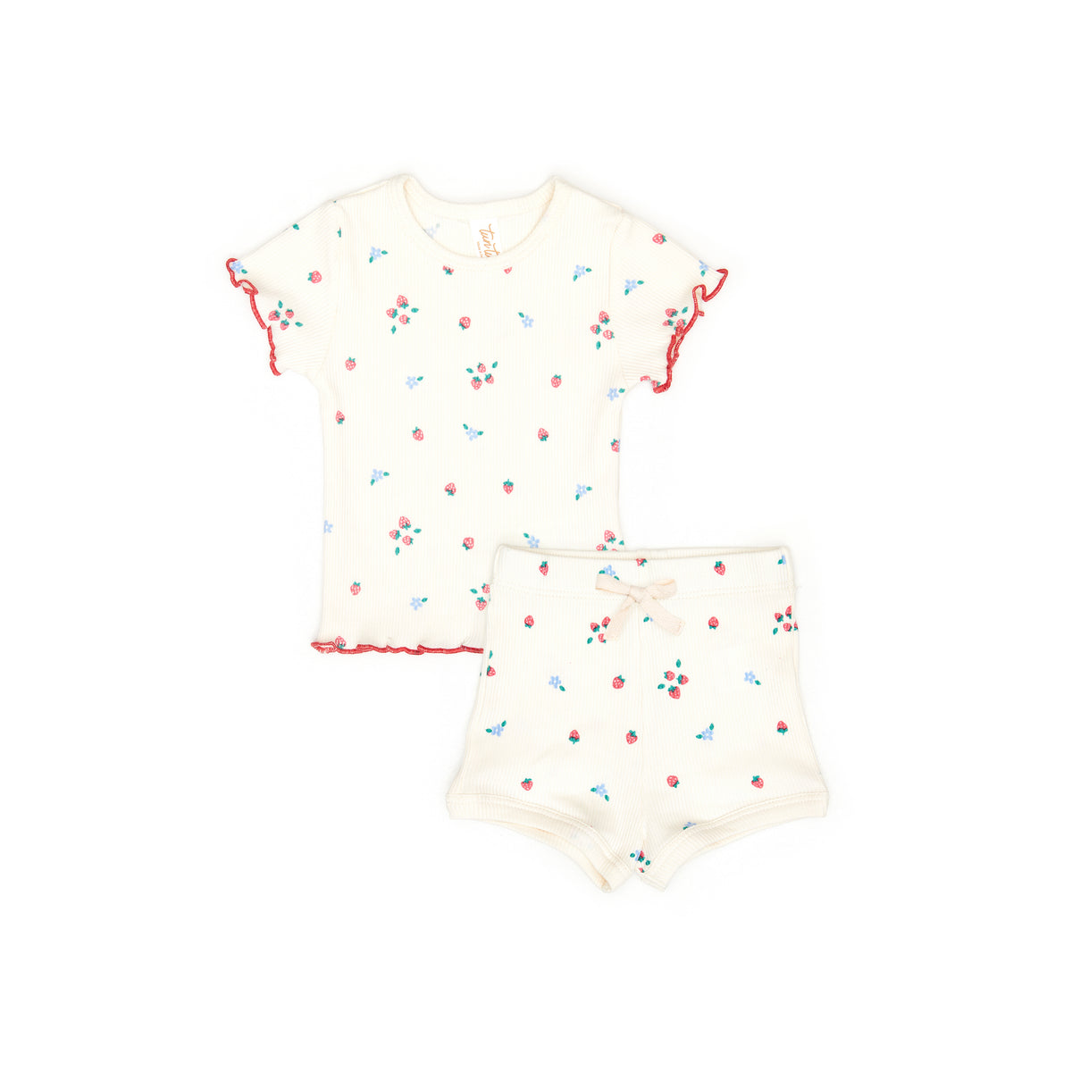 Ribbed Set 2 pcs Lara top + short Natural strawberries - Cotton