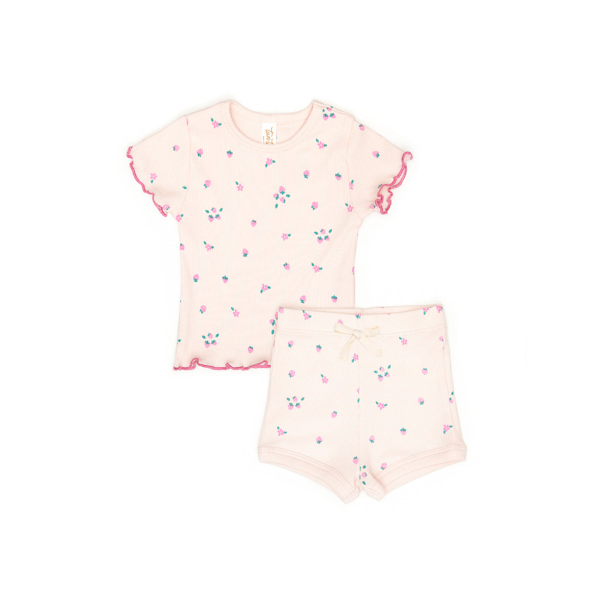 Ribbed Set 2 pcs Lara top + short Light pink strawberries - cotton