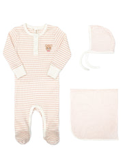 Henley Footie + Ribbed Bonnet + Ribbed Blanket Shell pink stripes