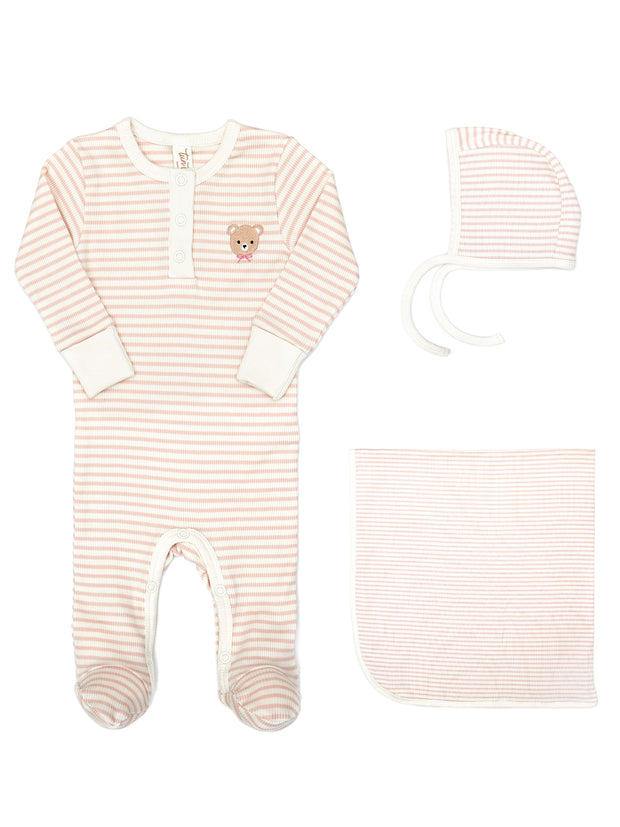 Henley Footie + Ribbed Bonnet + Ribbed Blanket Shell pink stripes