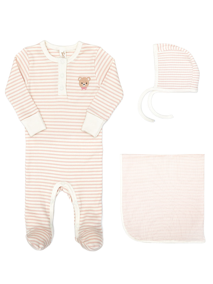 Henley Footie + Ribbed Bonnet + Ribbed Blanket Shell pink stripes