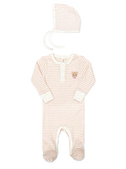 Henley Footie + Ribbed Bonnet Shell pink stripes