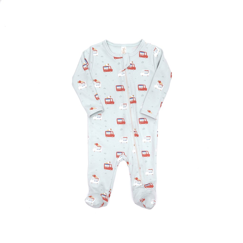 Zip footie Light blue cars - pima cotton