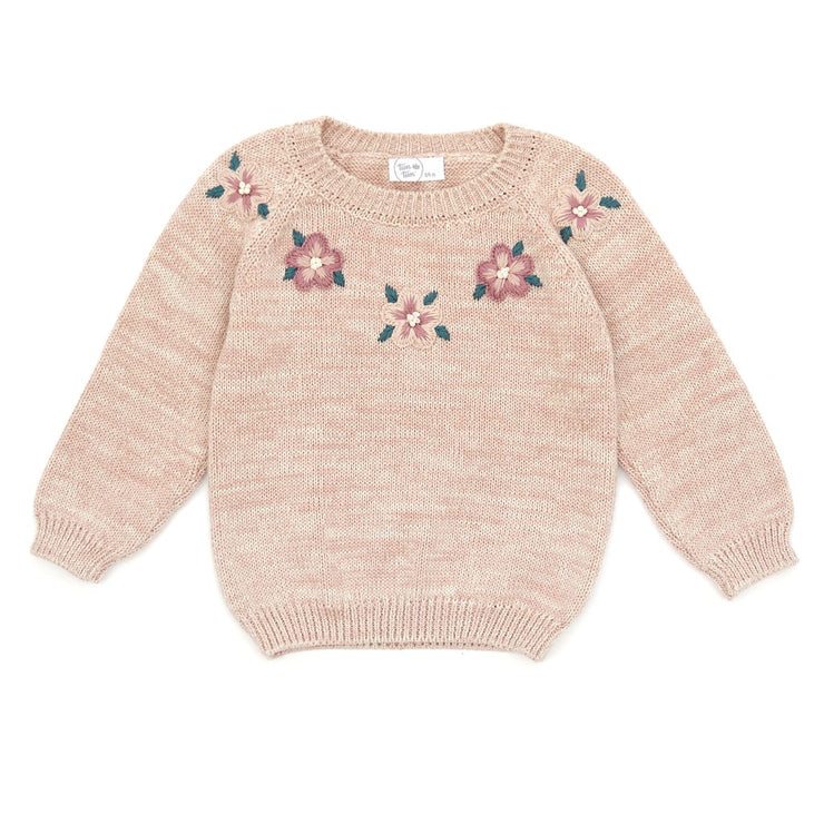 EMBRODERY FLOWER SWEATER SILVER PINK MARL