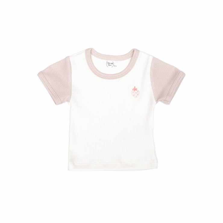 RIBBED TOP WITH EMBROIDERED NATURAL & SHELL PINK