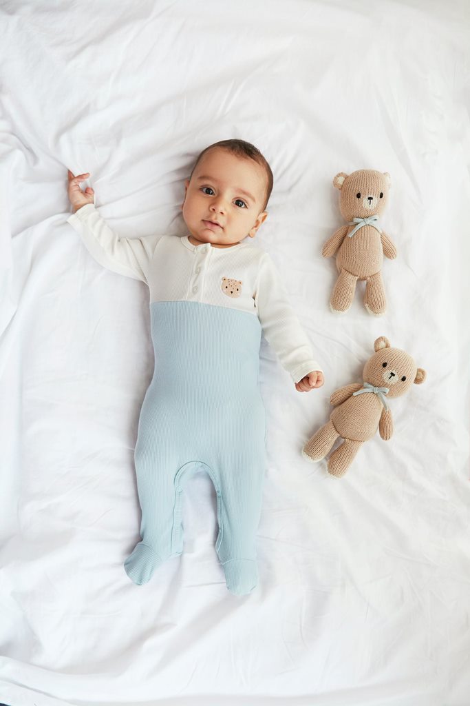 Bear Embroidered Footie Natural & light blue