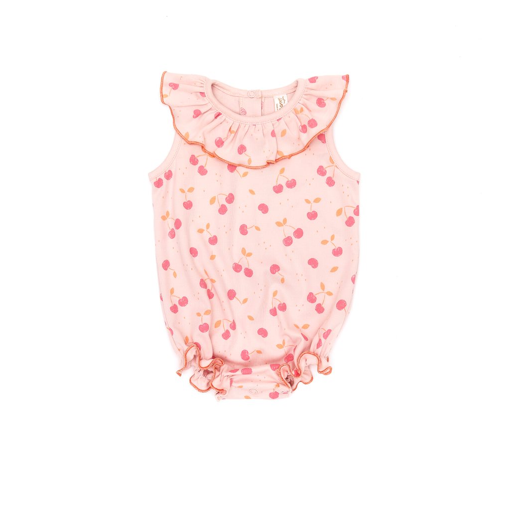 Ruffle onesie Pink cherries - pima cotton