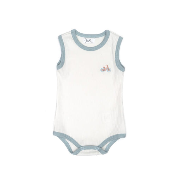 RIBBED SLEEVELESS BODYSUIT NATURAL & BLUE