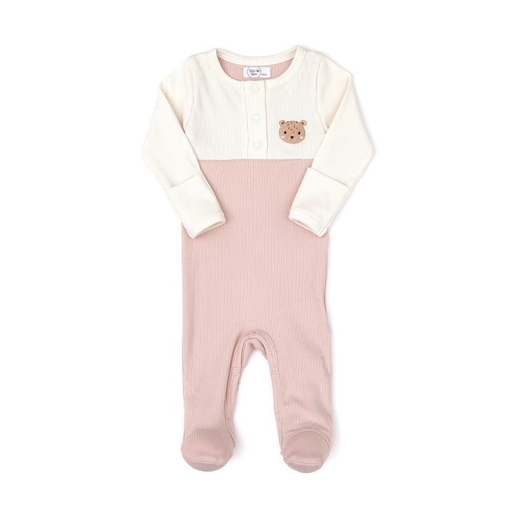Bear Embroidered Footie Natural & shell pink