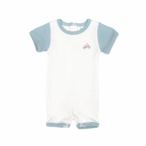 RIBBED SHORT SLEEVE ROMPER WITH EMBROIDERED NATURAL & BLUE
