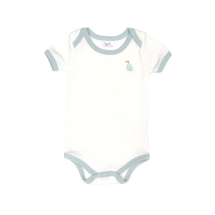 RIBBED BODYSUIT WITH EMBROIDERED NATURAL & LIGHT BLUE