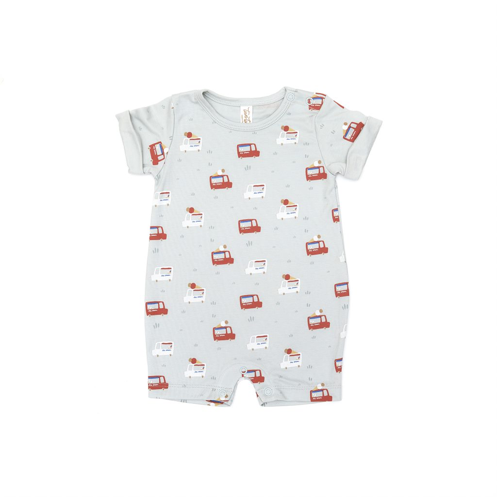 Short sleeve romper Light blue cars - pima cotton