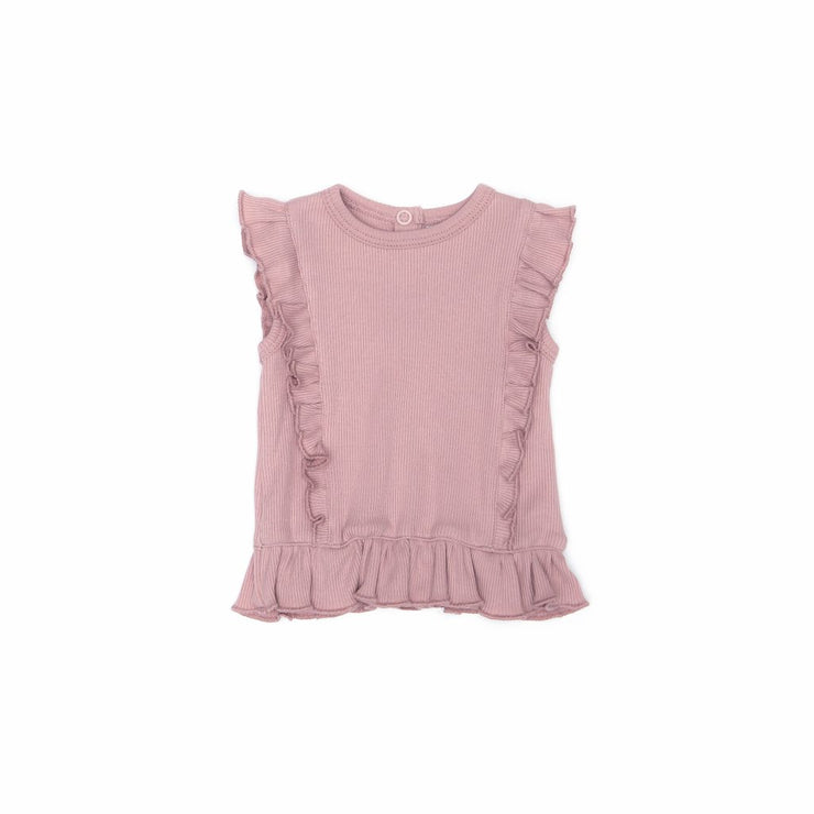 RIBBED RUFFLE TOP DUSTY ROSE
