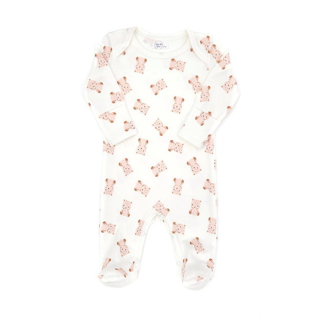 LAP SHOULDER FOOTIE NATURAL & SHELL PINK BEARS